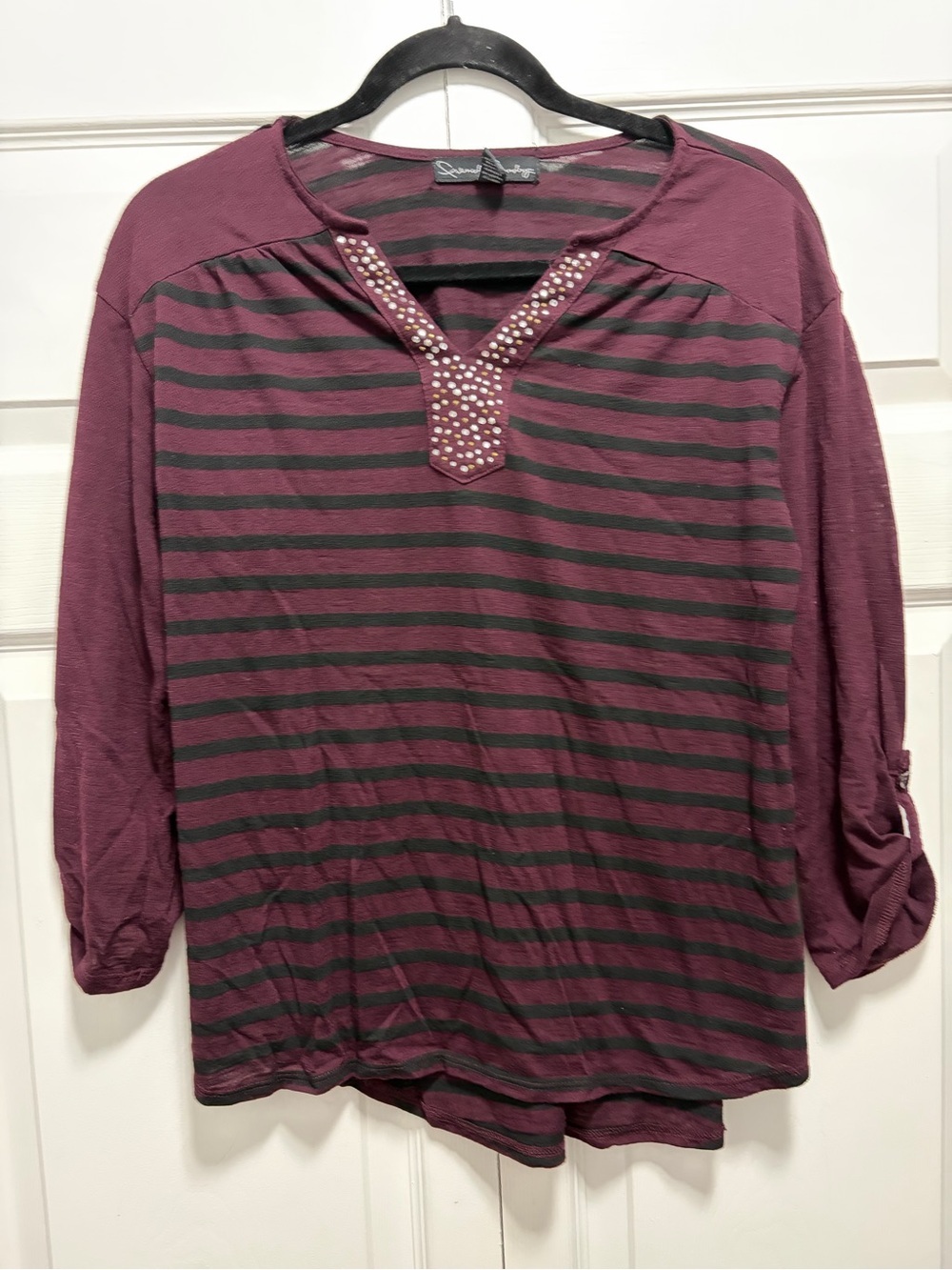 French Laundry Striped Stud-Trim scrunch Sleeve Top M